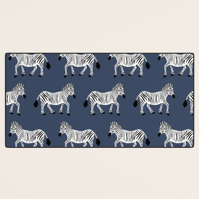 Zebra Parade - Black and White on Denim Navy Blue Desk Mat Gallery Image 3