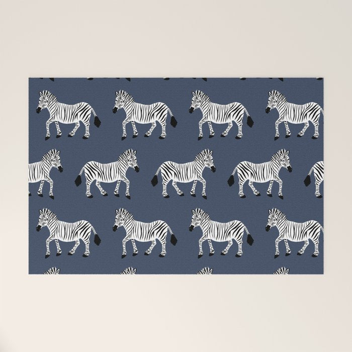 Zebra Parade - Black and White on Denim Navy Blue Welcome Mat Gallery Image 1