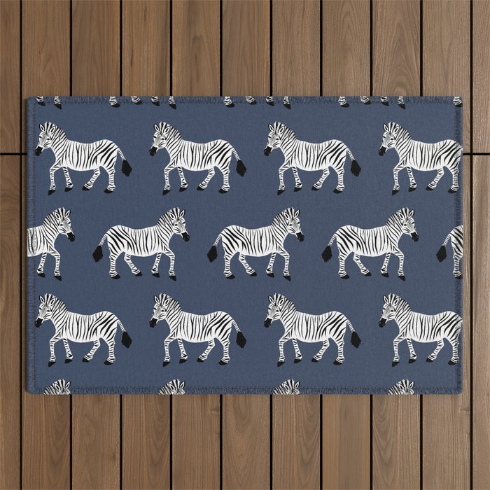 Zebra Parade - Black and White on Denim Navy Blue Outdoor Rug Gallery Image 1