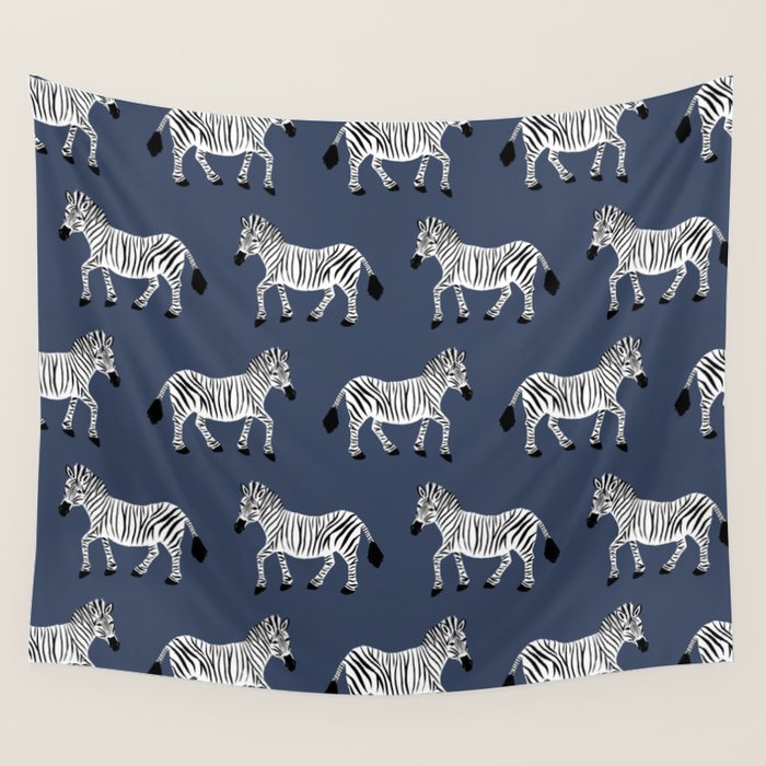 Zebra Parade - Black and White on Denim Navy Blue Wall Tapestry Gallery Image 1