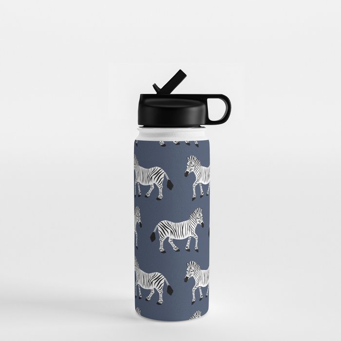 Zebra Parade - Black and White on Denim Navy Blue Water Bottle Gallery Image 1