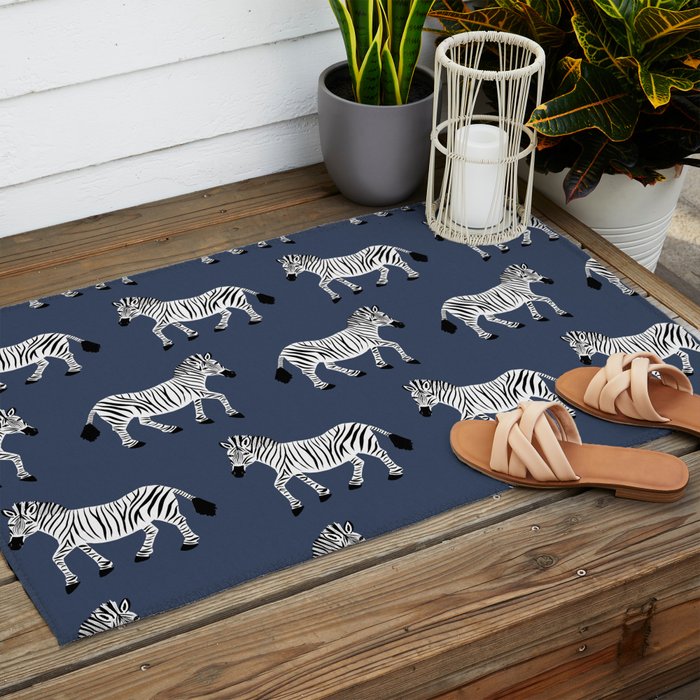 Zebra Parade - Black and White on Denim Navy Blue Outdoor Rug Gallery Image 2