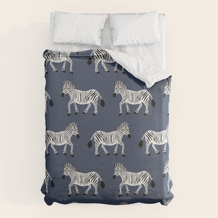 Zebra Parade - Black and White on Denim Navy Blue Duvet Cover Gallery Image 1