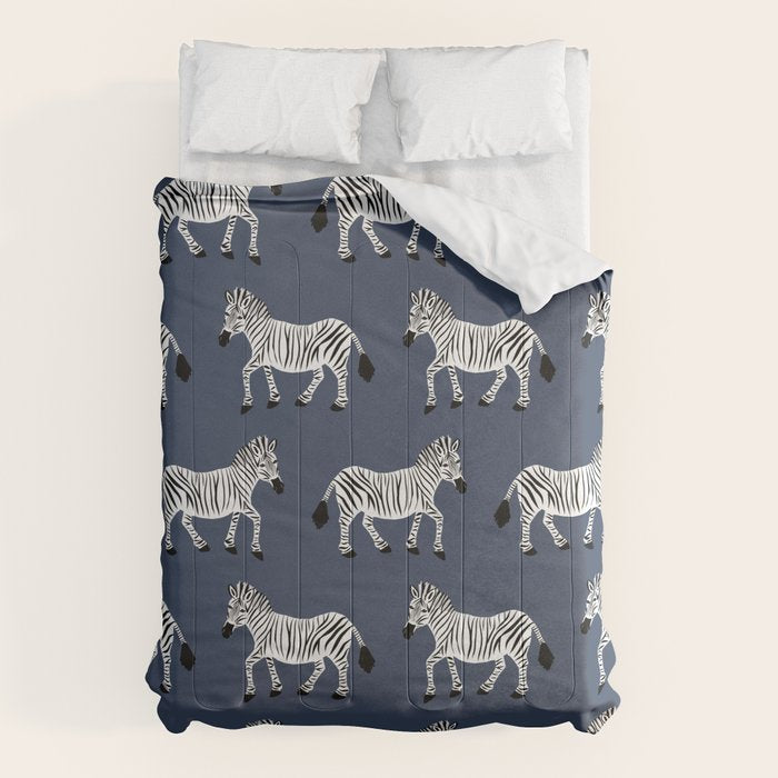 Zebra Parade - Black and White on Denim Navy Blue Comforter Gallery Image 1