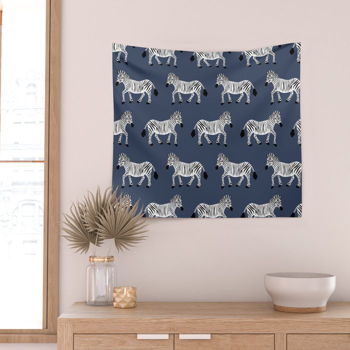 Zebra Parade - Black and White on Denim Navy Blue Wall Tapestry Gallery Image 2