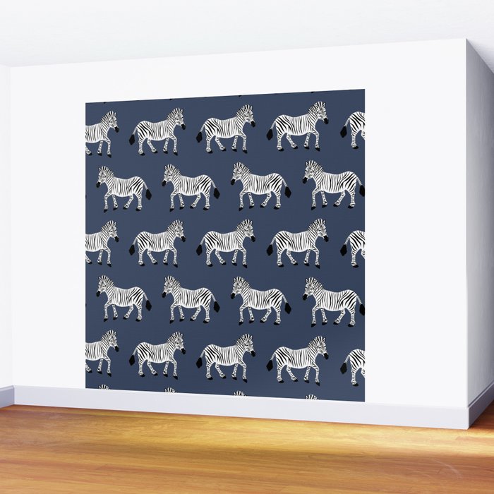 Zebra Parade - Black and White on Denim Navy Blue Wall Mural Gallery Image 2