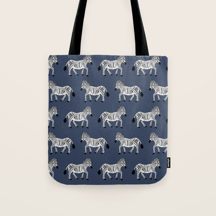 Zebra Parade - Black and White on Denim Navy Blue Tote Bag Gallery Image 1