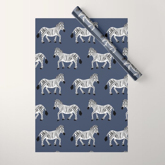 Zebra Parade - Black and White on Denim Navy Blue Wrapping Paper Gallery Image 1