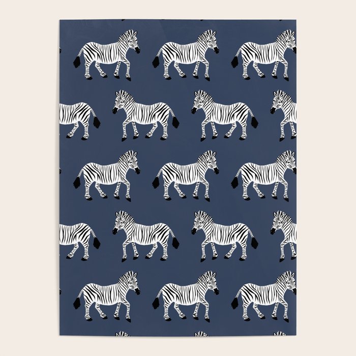 Zebra Parade - Black and White on Denim Navy Blue Poster Gallery Image 4