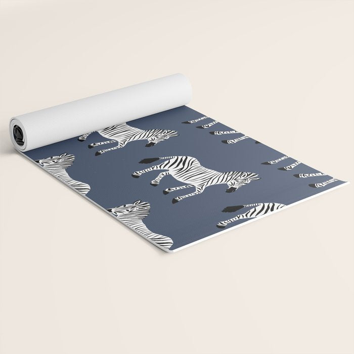 Zebra Parade - Black and White on Denim Navy Blue Yoga Mat Gallery Image 2