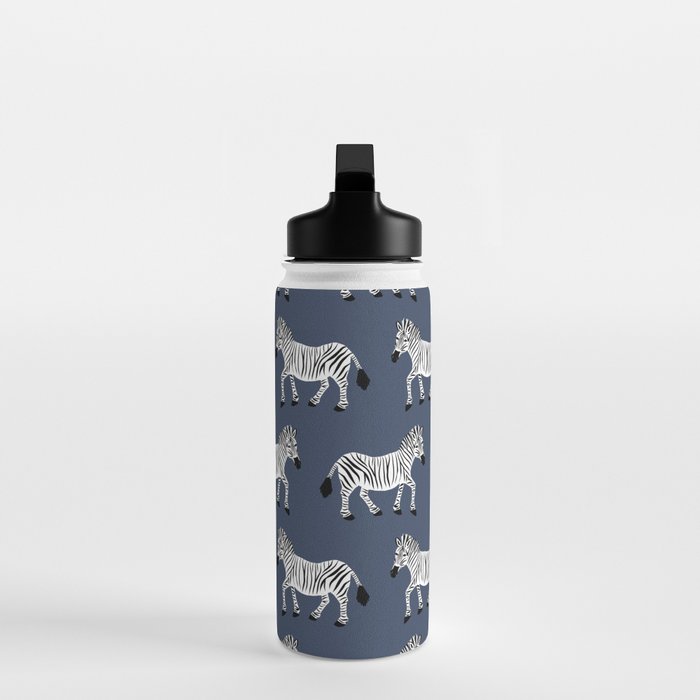 Zebra Parade - Black and White on Denim Navy Blue Water Bottle Gallery Image 3