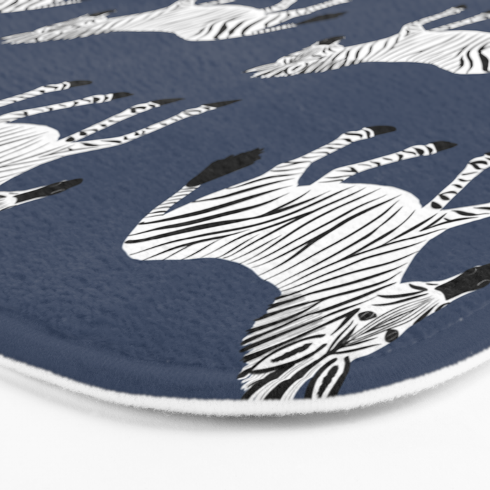 Zebra Parade - Black and White on Denim Navy Blue Bath Mat Gallery Image 3