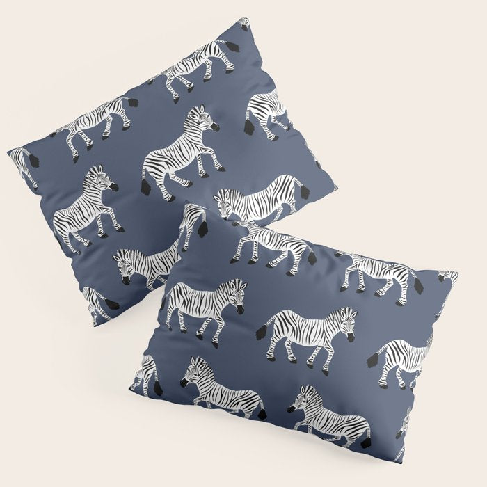 Zebra Parade - Black and White on Denim Navy Blue Pillow Sham