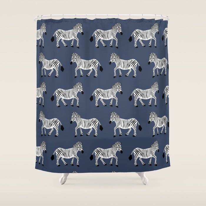 Zebra Parade - Black and White on Denim Navy Blue Shower Curtain Gallery Image 1
