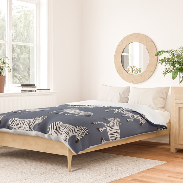 Zebra Parade - Black and White on Denim Navy Blue Duvet Cover Gallery Image 2
