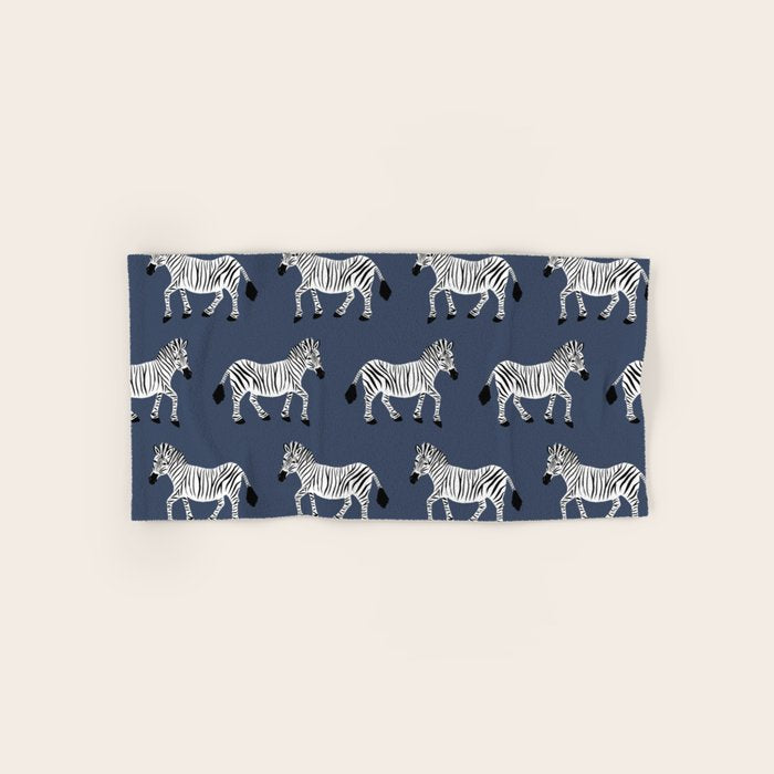 Zebra Parade - Black and White on Denim Navy Blue Bath Towel Gallery Image 1