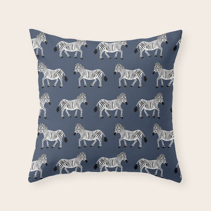Zebra Parade - Black and White on Denim Navy Blue Throw Pillow Gallery Image 6