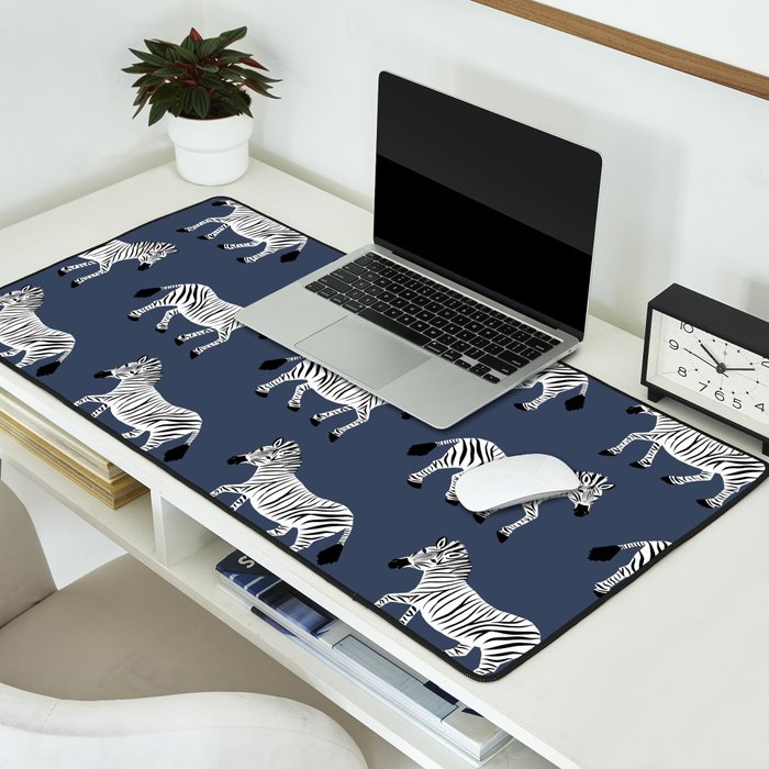 Zebra Parade - Black and White on Denim Navy Blue Desk Mat Gallery Image 2
