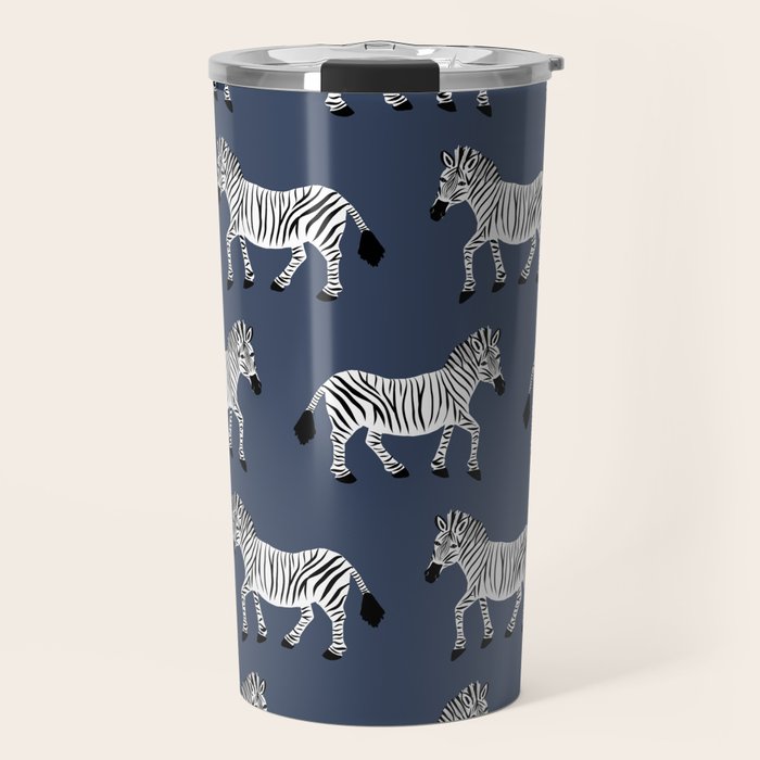 Zebra Parade - Black and White on Denim Navy Blue Travel Mug Gallery Image 1