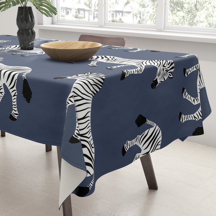 Zebra Parade - Black and White on Denim Navy Blue Tablecloth Gallery Image 3