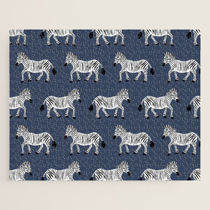 Zebra Parade - Black and White on Denim Navy Blue Jigsaw Puzzle Gallery Image 1
