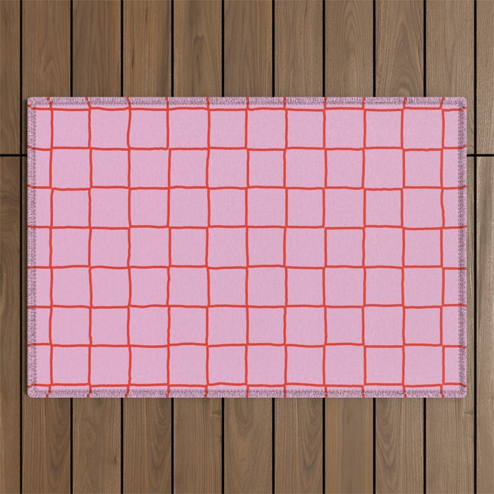 Retro Pink + Red Tiles Checker Plaid Outdoor Rug Gallery Image 1