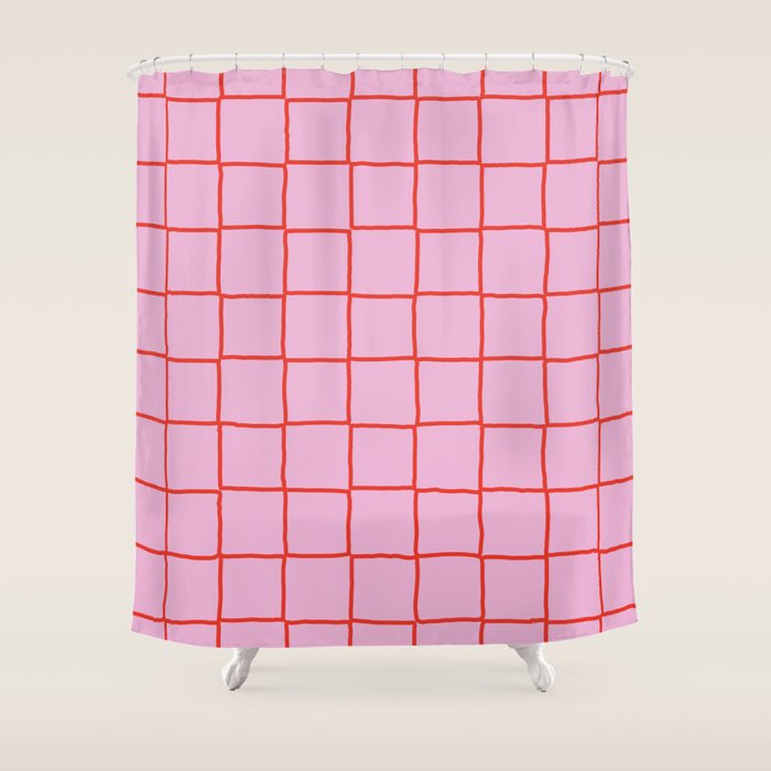 Retro Pink + Red Tiles Checker Plaid Shower Curtain Gallery Image 1