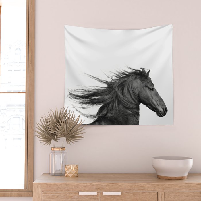Wild Horse, Black and White Photography Wall Tapestry Gallery Image 2