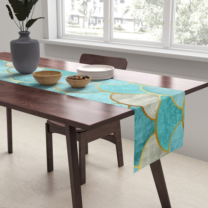 Moroccan Mermaid Fish Scale Pattern, Aqua,Teal Table Runner Gallery Image 2