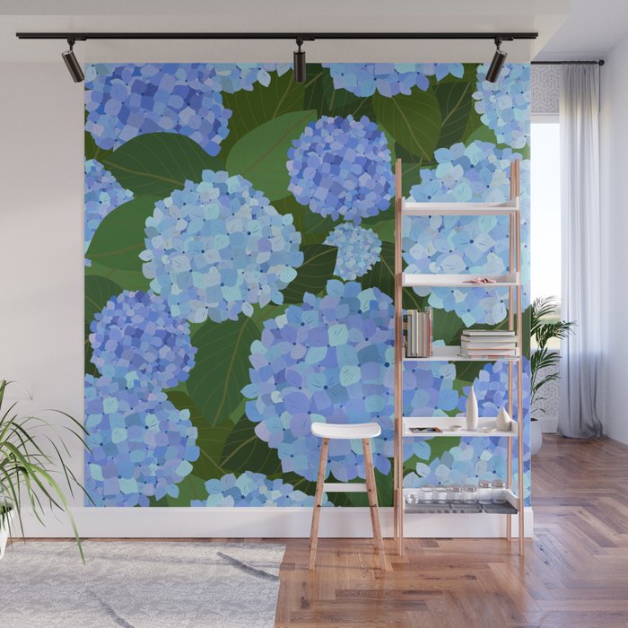Light Blue Hydrangeas, Preppy Modern Flowers, Botanical, Floral Wall Mural Gallery Image 1