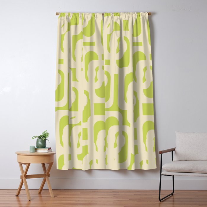 Mid Century Modern Loop Pattern in Light Lime Linden Green and Cream Beige Window Curtain Gallery Image 1