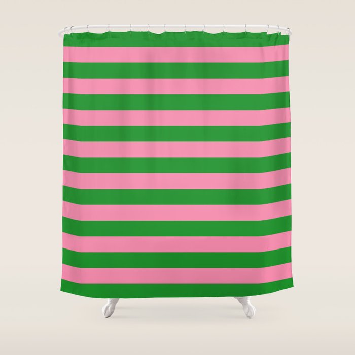 Bold Fun Stripes Green and Pink Simple Colorful Pop Pattern Shower Curtain Gallery Image 1