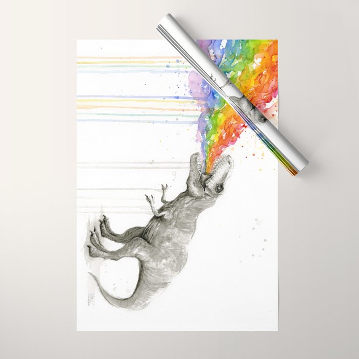 T-Rex Dinosaur Rainbow Puke Taste the Rainbow Watercolor Wrapping Paper Gallery Image 1