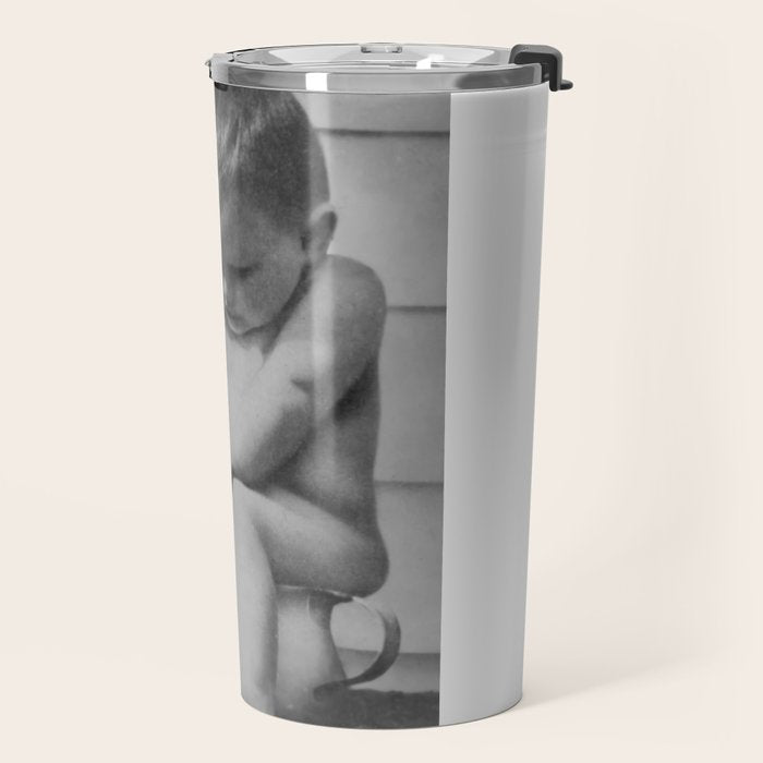 Giving all your effort - funny baby potty training on the pot black and white photograph  Travel Mug Gallery Image 2