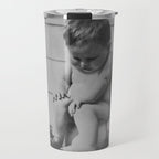 Giving all your effort - funny baby potty training on the pot black and white photograph  Travel Mug Gallery Image 1