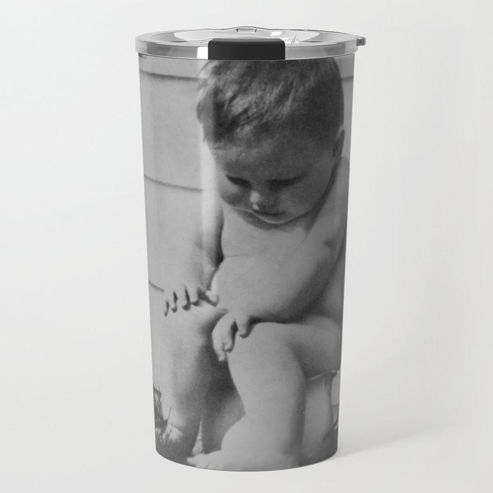 Giving all your effort - funny baby potty training on the pot black and white photograph  Travel Mug Gallery Image 1
