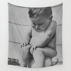Giving all your effort - funny baby potty training on the pot black and white photograph  Wall Tapestry Gallery Image 4