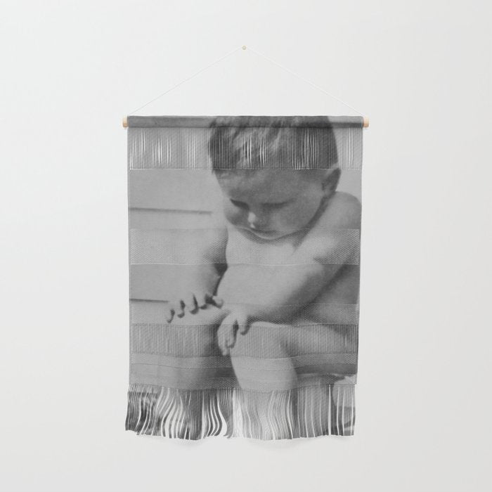 Giving all your effort - funny baby potty training on the pot black and white photograph  Wall Hanging Gallery Image 1