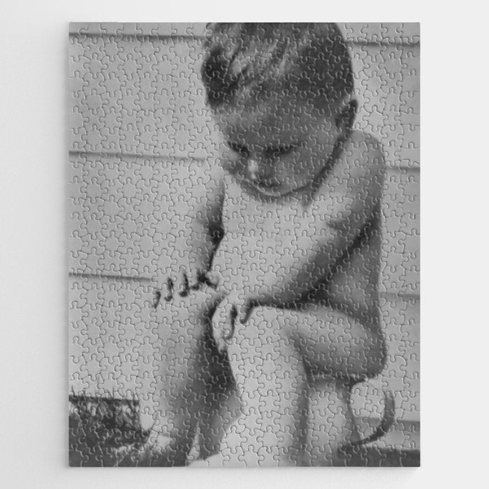 Giving all your effort - funny baby potty training on the pot black and white photograph  Jigsaw Puzzle Gallery Image 1