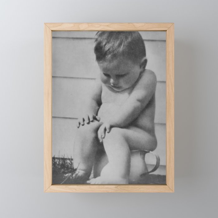 Giving all your effort - funny baby potty training on the pot black and white photograph  Mini Art Print Gallery Image 1