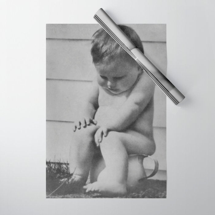 Giving all your effort - funny baby potty training on the pot black and white photograph  Wrapping Paper Gallery Image 1
