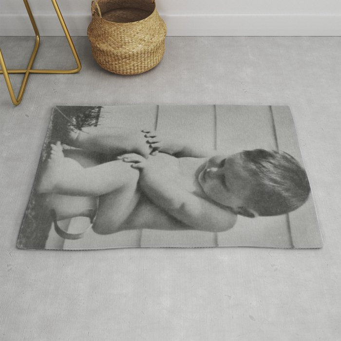 Giving all your effort - funny baby potty training on the pot black and white photograph  Rug Gallery Image 1