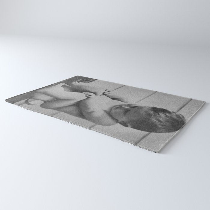 Giving all your effort - funny baby potty training on the pot black and white photograph  Rug Gallery Image 3