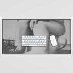 Giving all your effort - funny baby potty training on the pot black and white photograph  Desk Mat Gallery Image 1