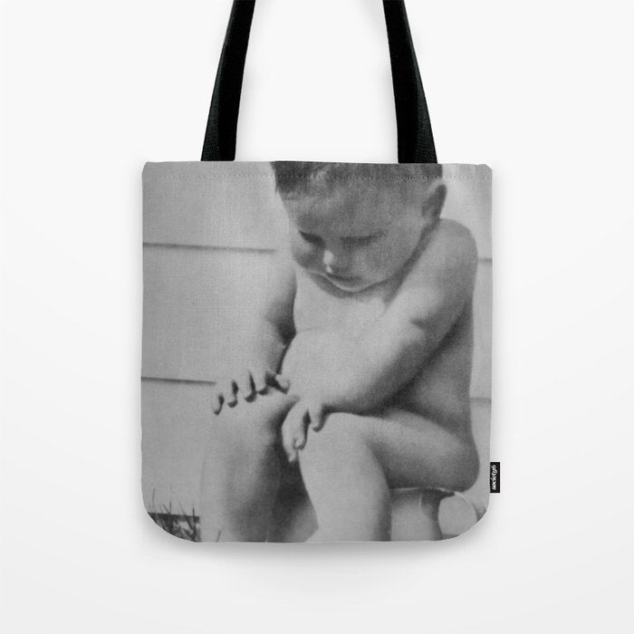 Giving all your effort - funny baby potty training on the pot black and white photograph  Tote Bag Gallery Image 1