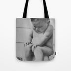 Giving all your effort - funny baby potty training on the pot black and white photograph  Tote Bag Gallery Image 1