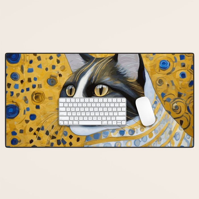 Gustav Klimt Style Tuxedo Cat with Striped Coat Desk Mat Gallery Image 1