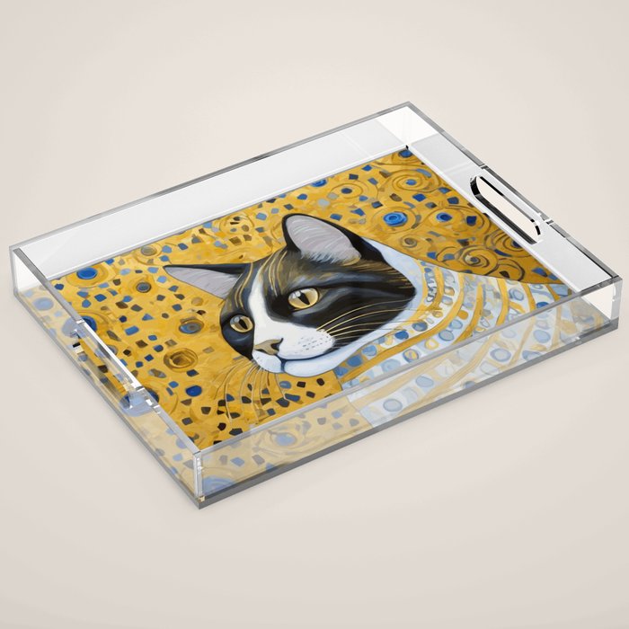 Gustav Klimt Style Tuxedo Cat with Striped Coat Acrylic Tray Gallery Image 1
