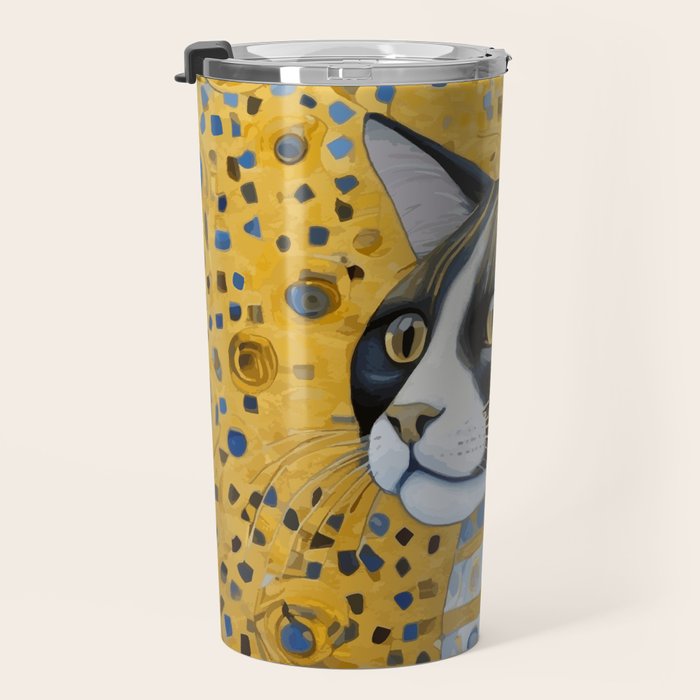 Gustav Klimt Style Tuxedo Cat with Striped Coat Travel Mug Gallery Image 3