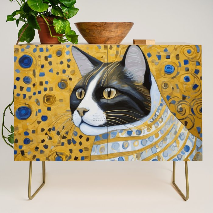 Gustav Klimt Style Tuxedo Cat with Striped Coat Credenza Gallery Image 1